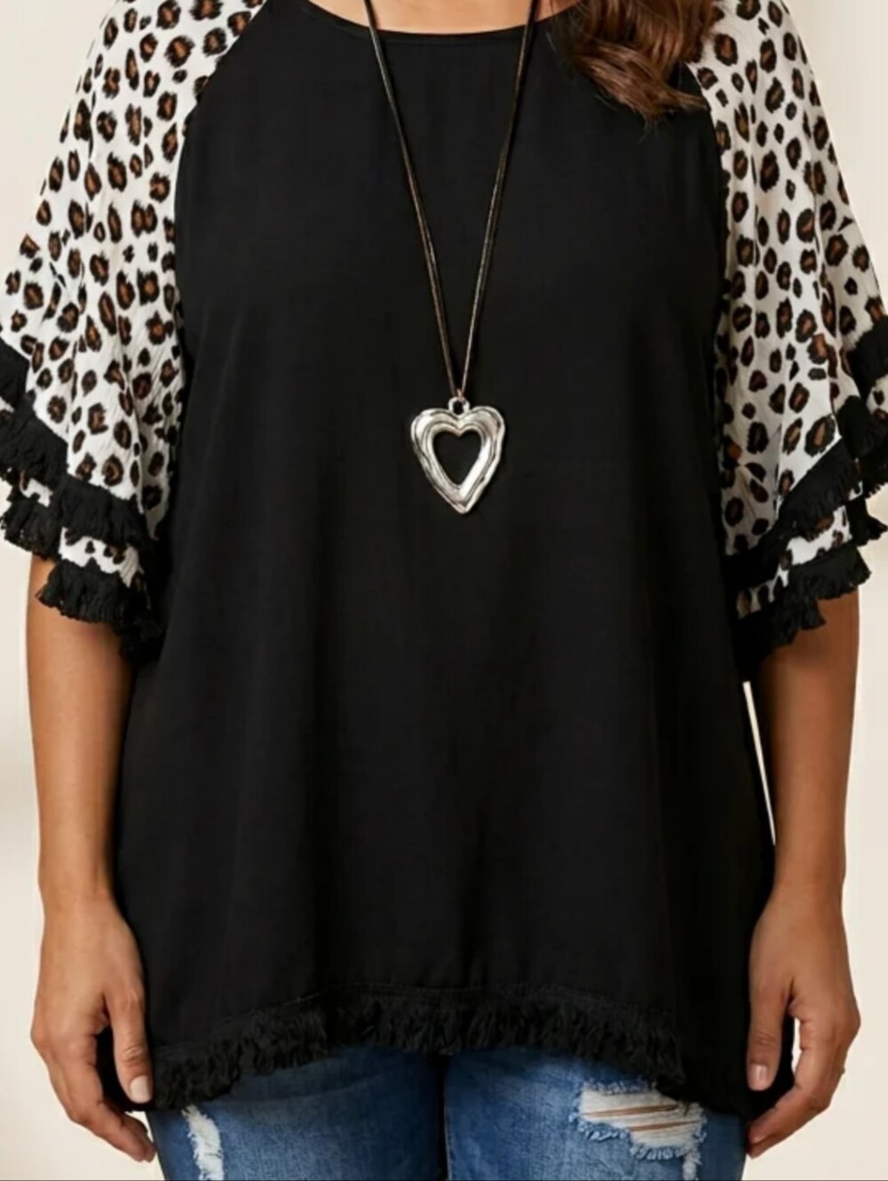 Umgee Black Tunic Top with Leopard-Print Raglan Sleeves